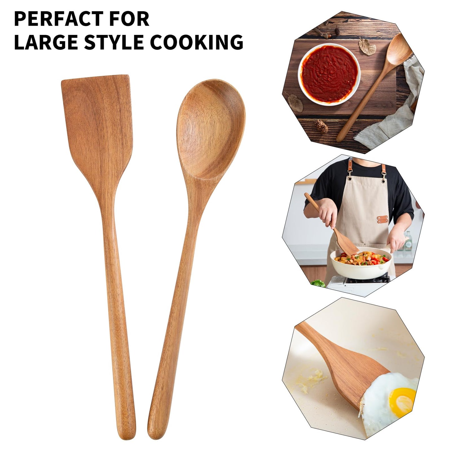 2PCS Long Handle Gigantic Spatula Spoon Premium Acacia Wooden Spoons For Cooking 17''Large Soliod Wooden Cooking Spoons Smooth Finish in Large Style Cooking Kitchen Utensil Set