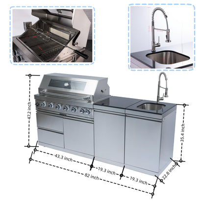 RENDGO 82 Inches 6 Burner Gas Grill Outdoor Kitchen Island, 85,000 BTU Deluxe Stainless Steel Modular Outdoor Kitchen, Sink, Storage Cabinets & Drawers, BBQ Island for Patio Backyard,Stainless Steel