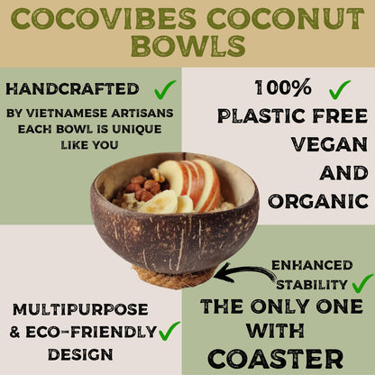 cocovibes 4 Handcrafted Wooden Bowls for Food Coconut Bowl Set with Spoons & Anti-Tip Coconut Rings perfect for Smoothie Bowls, Yogurt or Cereals