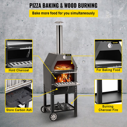 Outdoor Pizza Oven, 12" Wood Fire Oven, 2-Layer Pizza Oven Wood Fired, Wood Burning Outdoor Pizza Oven with 2 Removable Wheels, 700℉ Max Temperature Wood Fired Pizza Maker Ovens for Barbecue