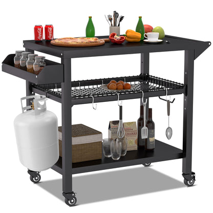Spurgehom Grill Cart, Pizza Oven Stand Table with Wheels, Outdoor Movable Kitchen Cooking Prep Table BBQ Cart with Mesh Racks for Home Party, Bar, Camping