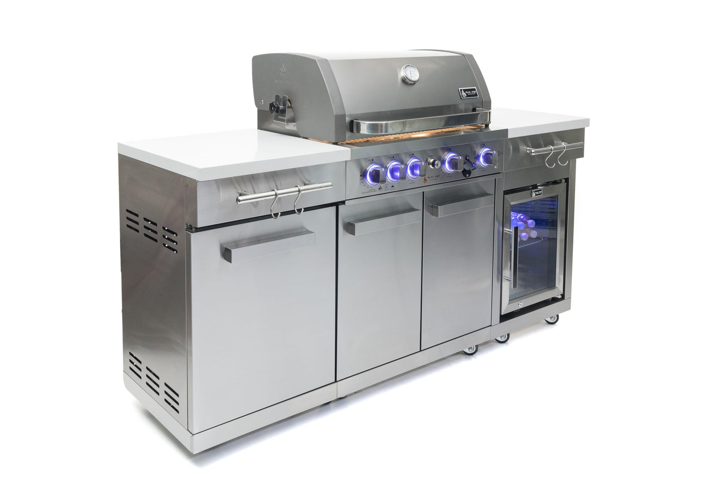 Mont Alpi MA957FC-RS 5-Burner 63000 BTU Stainless Steel Compact Outdoor Kitchen Gas Barbecue Island Grill with Infrared Rear Burner + Fridge Cabinet + Rotisserie Kit & Full Weather Cover