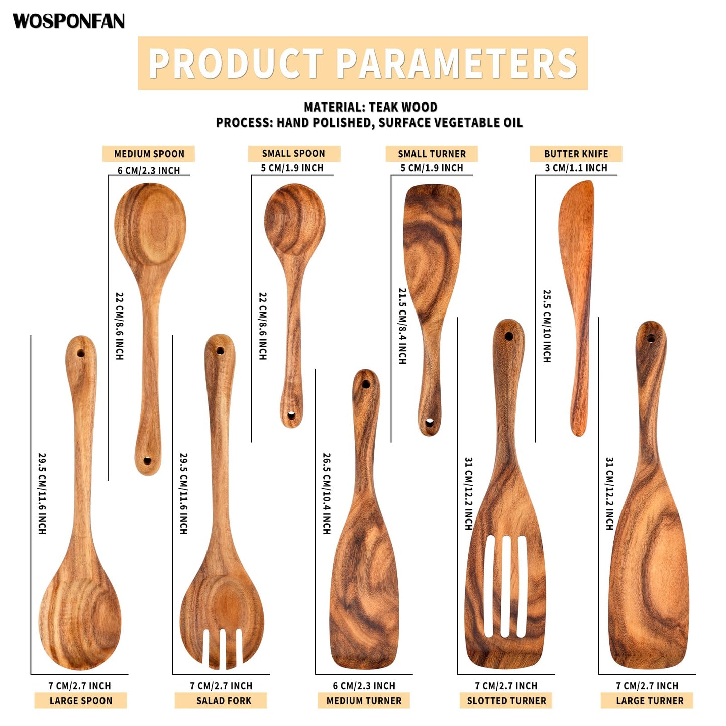 WOSPONFAN Wooden Cooking Utensils Set, 9 PCS Teak Wood Spoons, Spatula, Slotted Spoon, Handmade Modern Kitchen Utensils