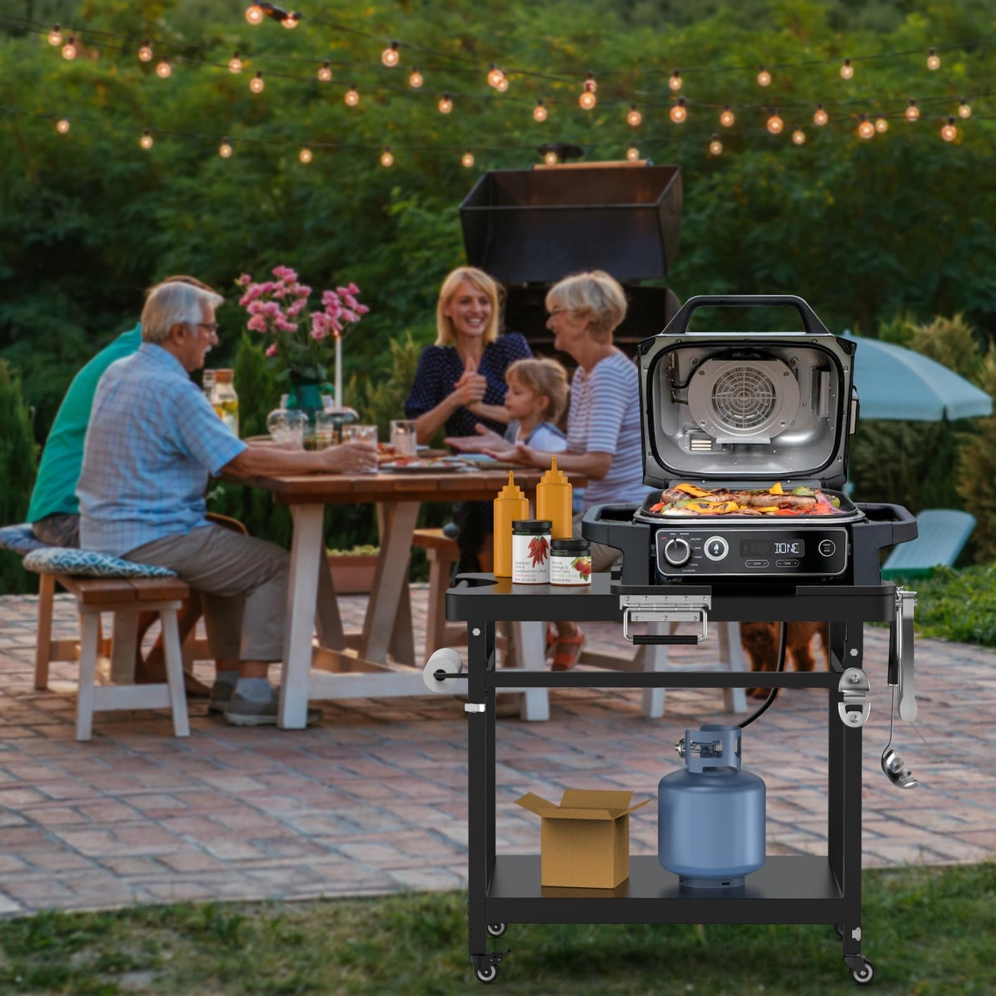 Universal Grill Stand for Ninja Woodfire Outdoor Grill,Portable Foldable Grill Cart Table for XSKUNSTAND OG700 OG800 OG900 OO101 SER Smoker Pizza Oven Accessories with 4 Wheels & Grill Cover