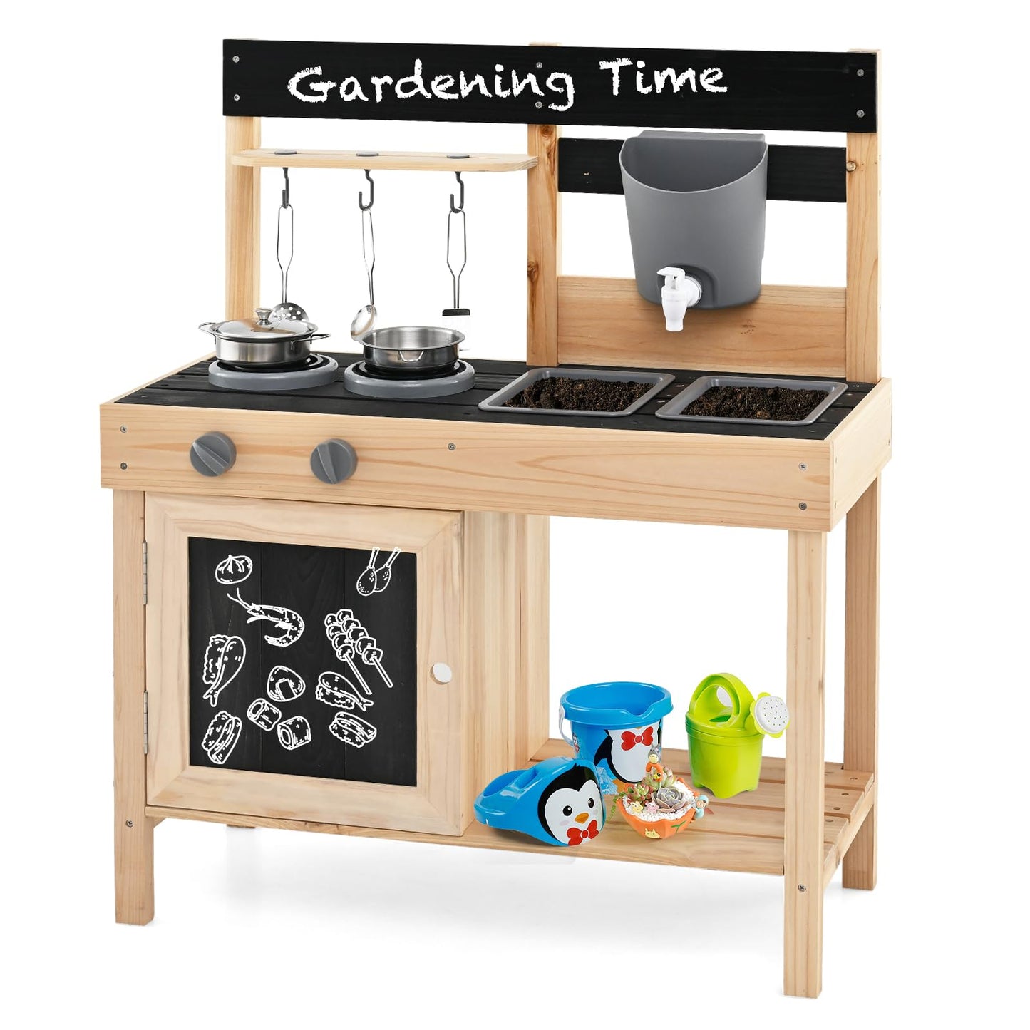 HONEY JOY Fir Wood Outdoor Play Kitchen for Toddlers, Realistic Faucet & Water Tank, Stoves, Sink, Storage Shelf, Outside Kitchen Playset, Mud Kitchen for Kids Outdoor Backyard