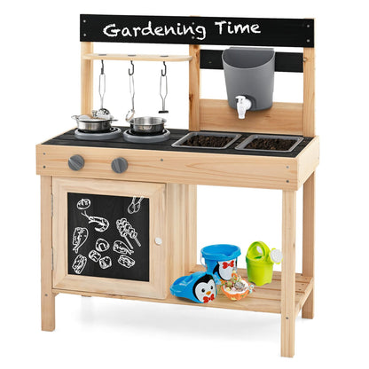 HONEY JOY Fir Wood Outdoor Play Kitchen for Toddlers, Realistic Faucet & Water Tank, Stoves, Sink, Storage Shelf, Outside Kitchen Playset, Mud Kitchen for Kids Outdoor Backyard