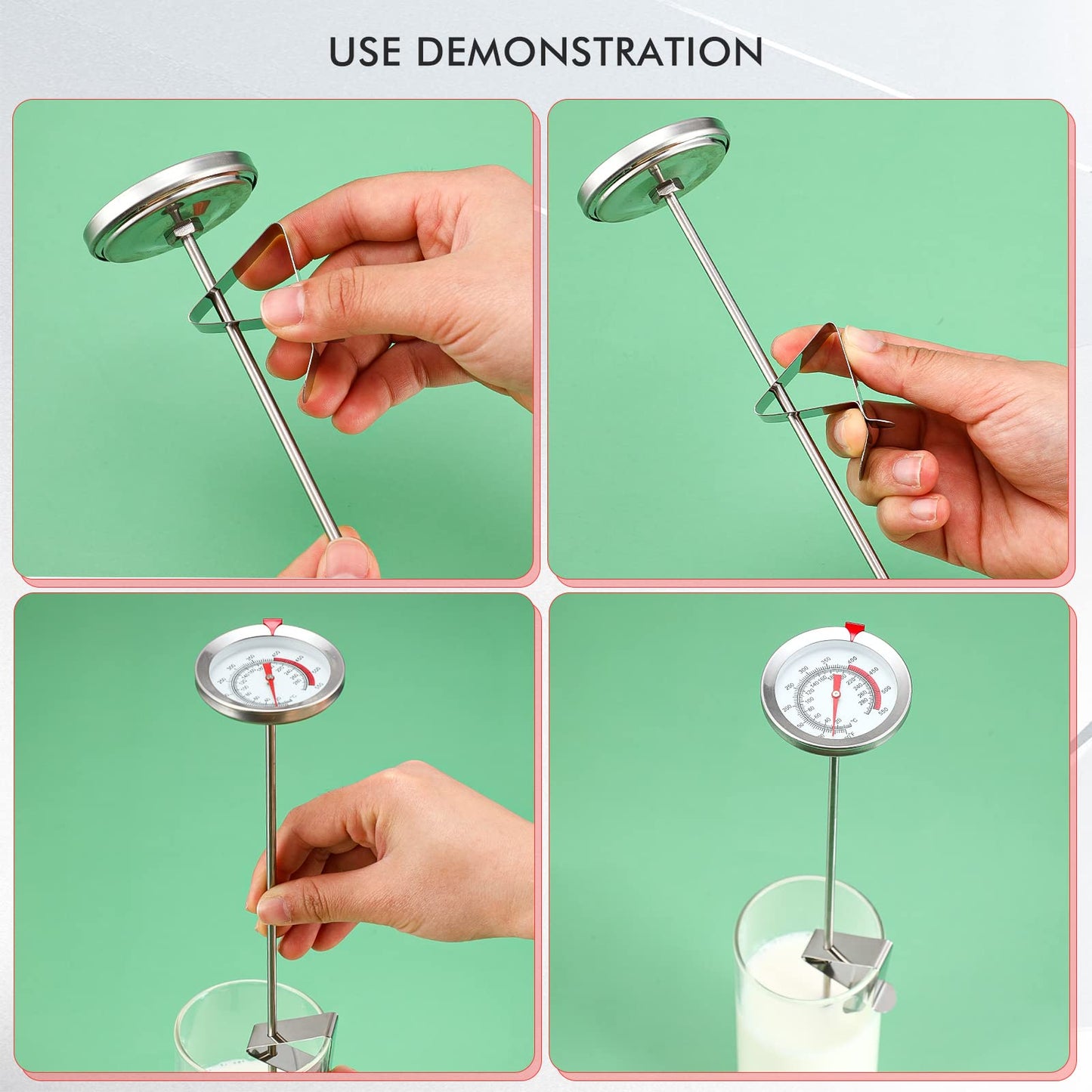 Kanayu 4 Pcs Deep Fry Thermometer with Pot Clip, 12'' Long Stem Oil Thermometer, Stainless Steel, Analog Display