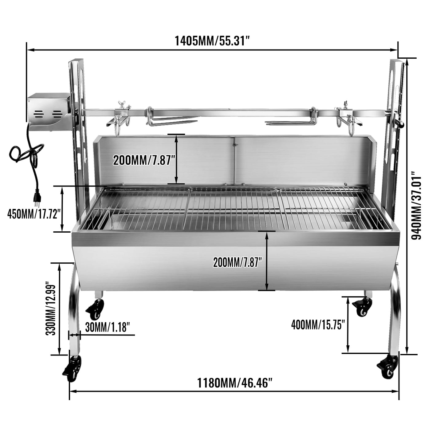176LBS Stainless Steel Rotisserie Grill Roaster Small Pig Lamb with Back Cover Guard 25W Motor for Camping Outdoor BBQ Silver