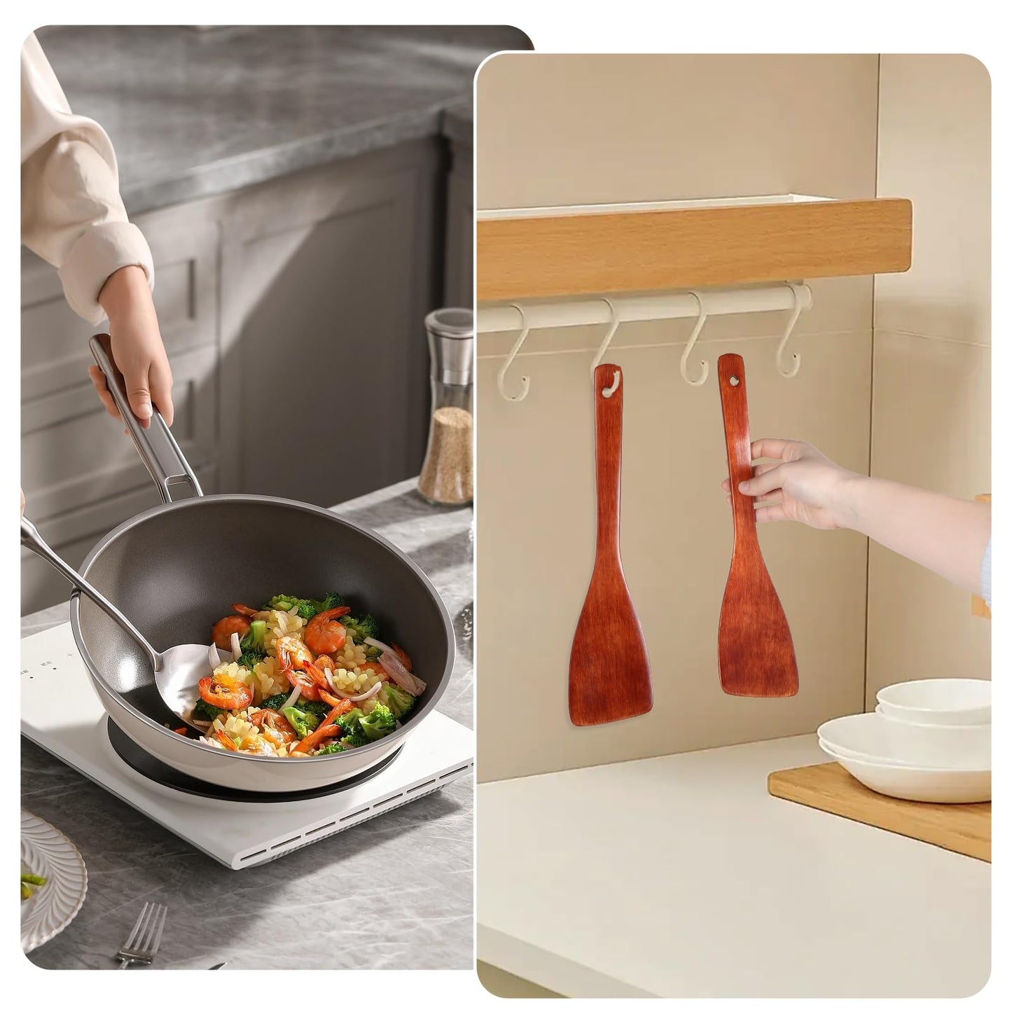 2 Pcs Wooden Spatula Wood Utensils Set for Cooking 13in Natural Wooden Spatula for Cooking Long Handle Wood Spatula Kitchen Spatula for Non-Stick Cookware