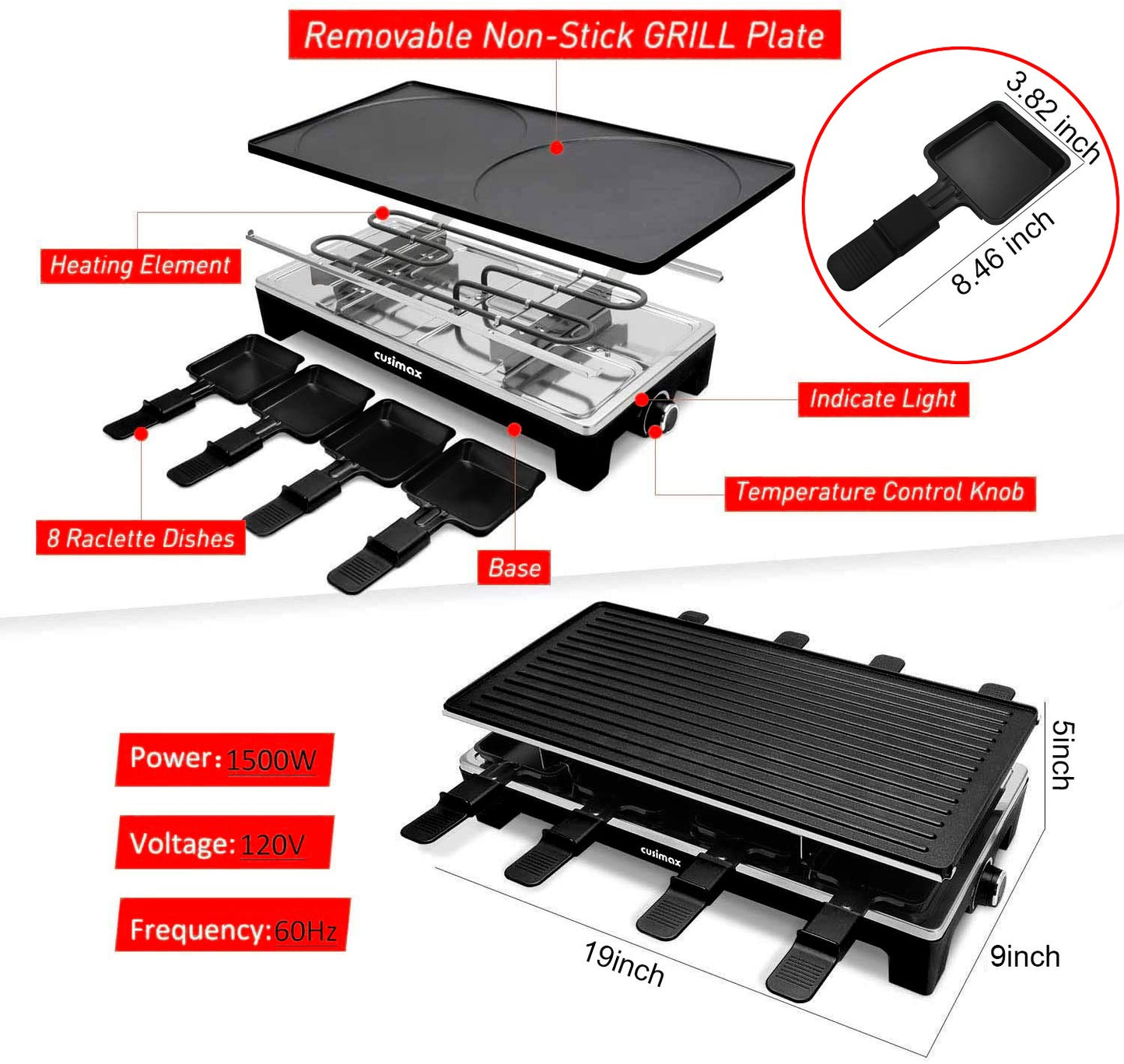 CUSIMAX Raclette Grill Electric Grill Table Portable 2 in 1 Korean BBQ Grill Indoor & Cheese Raclette, Reversible Non-stick plate, Crepe Maker with Adjustable temperature control and 8 Paddles