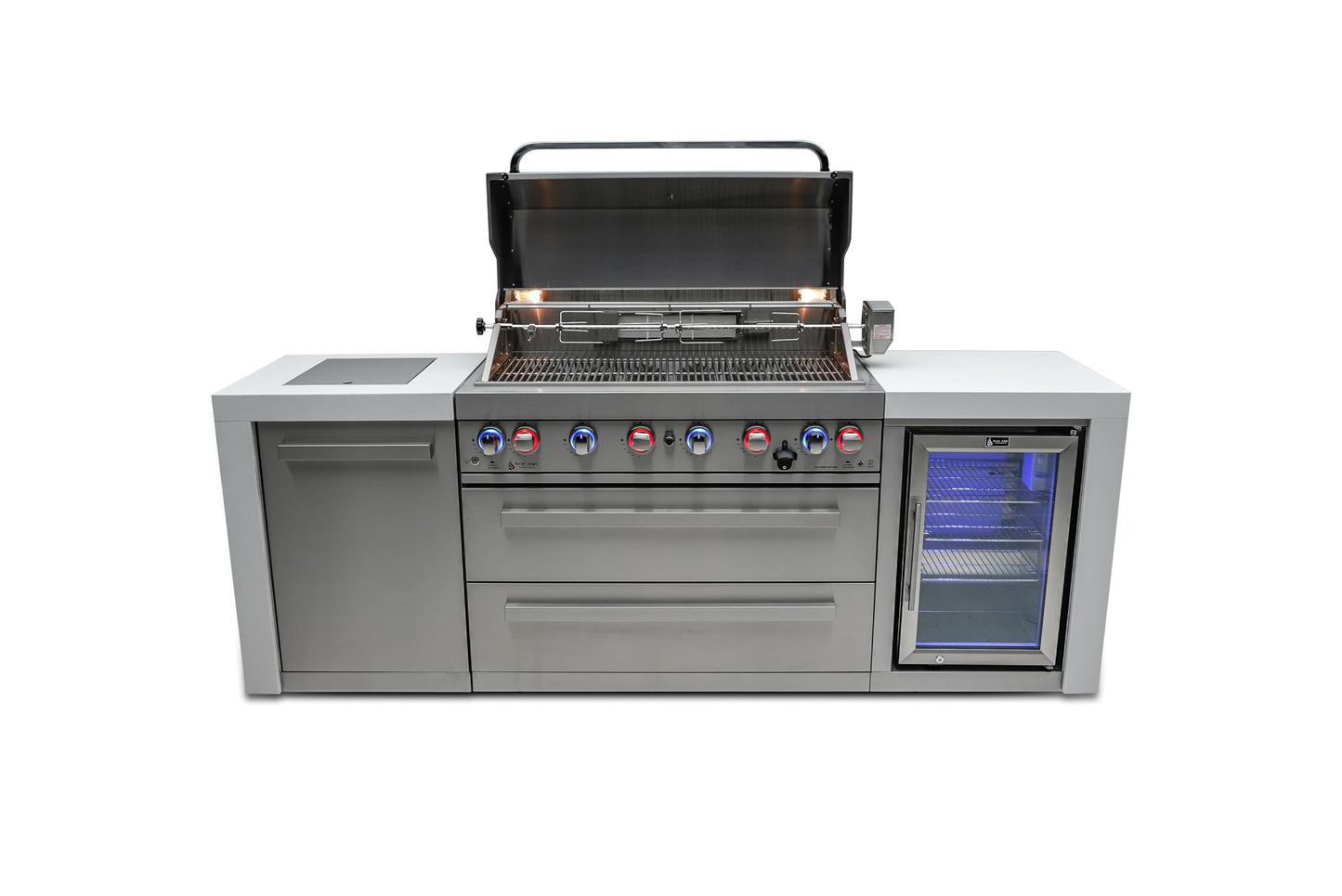 Mont Alpi MAi805-DFC-COMBO 44-inch 6 Burner 115000 BTU Stainless Steel Gas Outdoor Kitchen Island Barbecue Grill with Fridge Cabinet + Side Burner Pizza Oven, Charcoal Tray & Griddle Plate