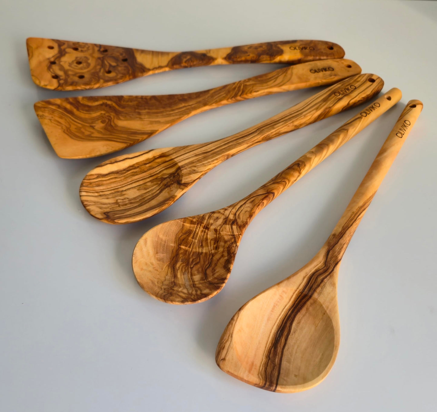 OLIVIKO 100% Olive Wood HANDMADE 5 Spoon Set | Ideal for Nonstick Cookware & Kitchen Utensils | Cooking, Baking & Serving | Eco-friendly & SALAD TONG Salad serving (Classic utensils)