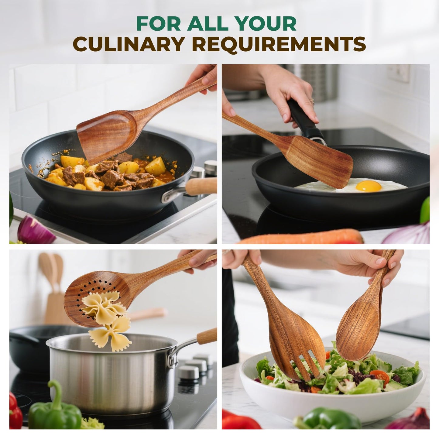 KAQISE 10PCS Wooden Utensils Set, Teak Wood Spoons&Spatulas,Kitchen Utensils for Nonstick Cookware-Spatula|Soup Ladle|Strainer Spoon|Pasta Fork,Heat Resistant Wooden Cooking Tools