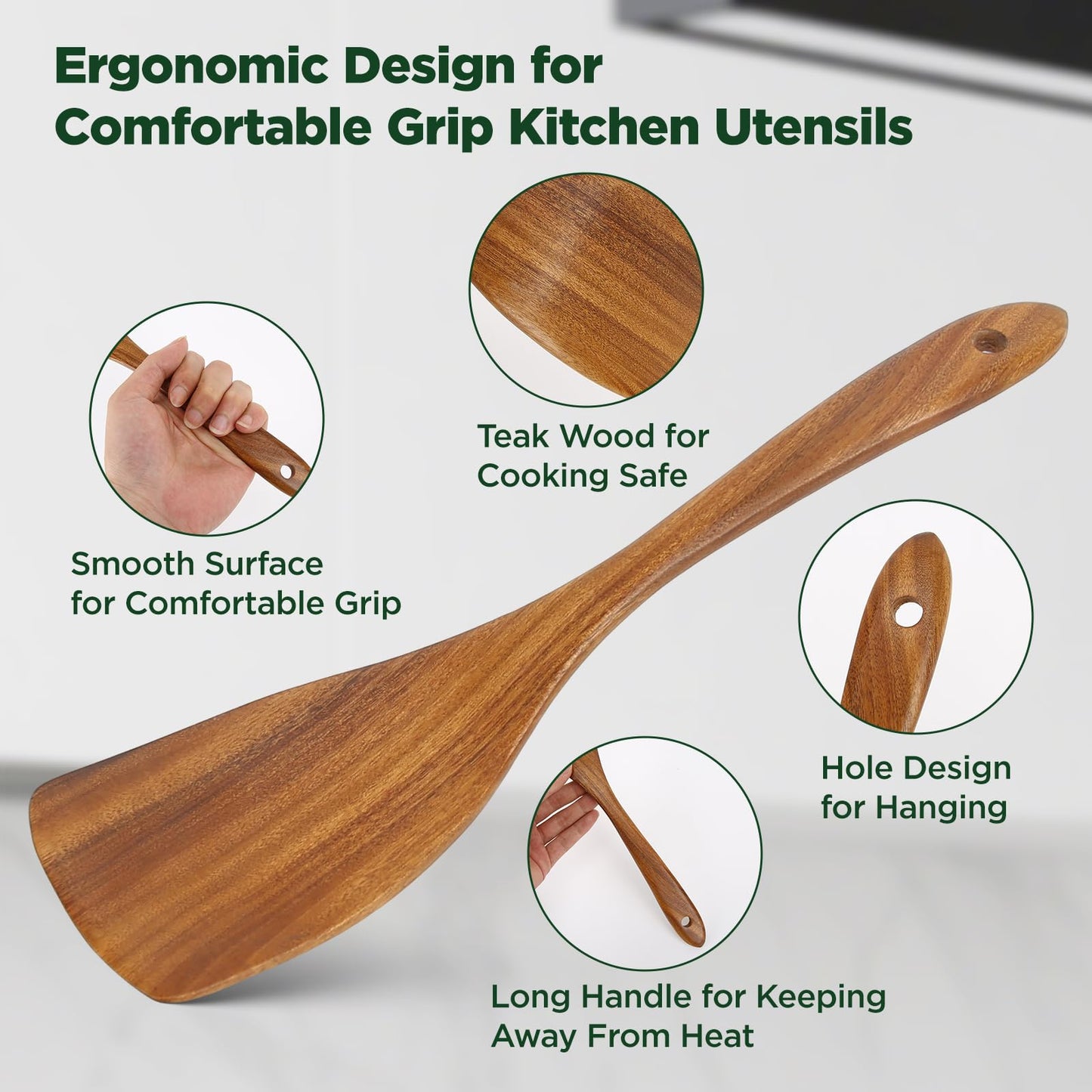 ANBUY Wooden Spoons for Cooking, 6Pcs Wood Kitchen Utensils Set, Mixing Heat Resistant Flat Spatulas and Spoons Set for Nonstick Cookware, Smooth Finish, Non-Stick, Comfortable Grip Kitchen Utensils