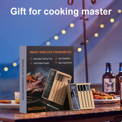 Smart Wireless Meat Thermometer 4 Probes, Bluetooth Food Thermometer, Remote Tracking and Real-Time Readings from Apps, for iOS and Android, for BBQ, Grill, Smoker, Nigogor Heat-Resistant Probes