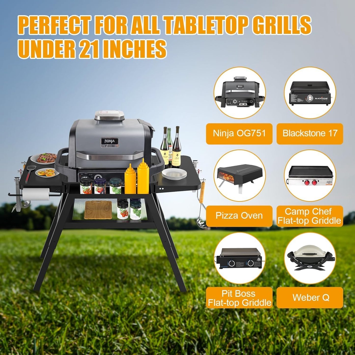 BBQ-PLUS Grill Stand for Ninja Woodfire Outdoor Grills, Portable Adjustable Grill Cart for Ninja OG700 OG800 OG900 Series Smoker Blackstone 17" Griddle,Folding Table with Shelf