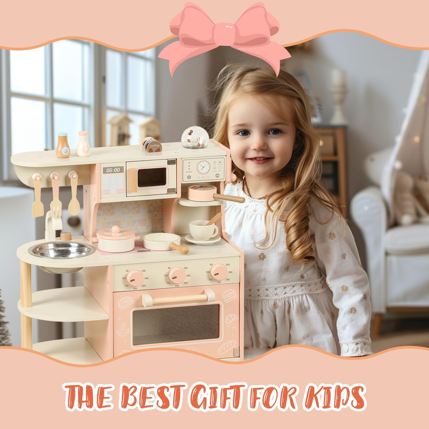 Wooden Kitchen Playset for Kids Ages 3-8, Pretend Play Kitchen for Toddlers with Realistic Design, Cooking Accessories, Coffee Maker, Oven, Microwave, Sink - Small