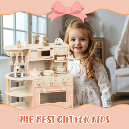 Wooden Kitchen Playset for Kids Ages 3-8, Pretend Play Kitchen for Toddlers with Realistic Design, Cooking Accessories, Coffee Maker, Oven, Microwave, Sink - Small