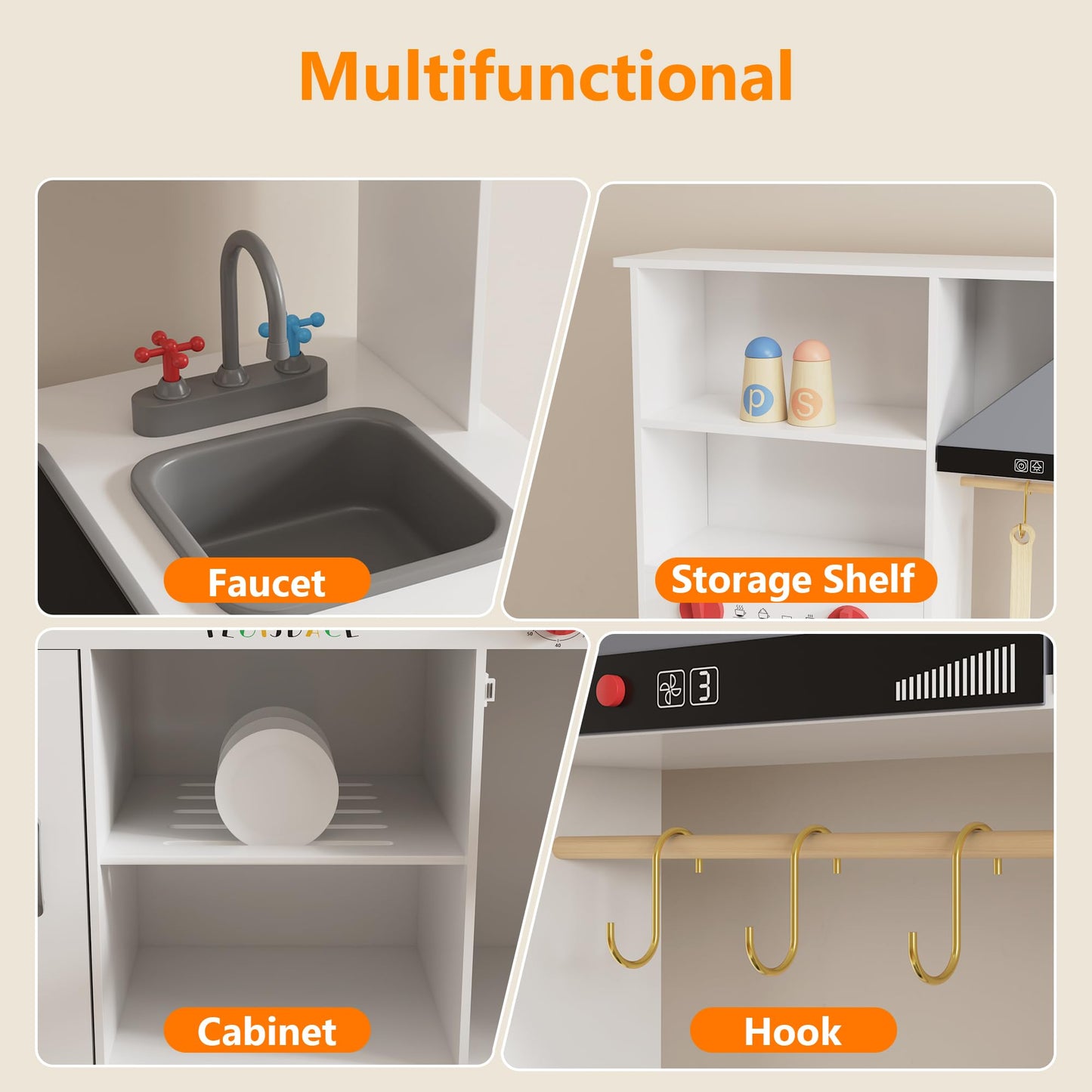 Large Wooden Play Kitchen for Kids - Realistic Kitchen Playset with Interactive Appliances & Storage - Hood, Microwave, Coffee Maker & Full Utensil Set - Gift for Boys & Girls Ages 3+