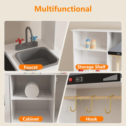 Large Wooden Play Kitchen for Kids - Realistic Kitchen Playset with Interactive Appliances & Storage - Hood, Microwave, Coffee Maker & Full Utensil Set - Gift for Boys & Girls Ages 3+