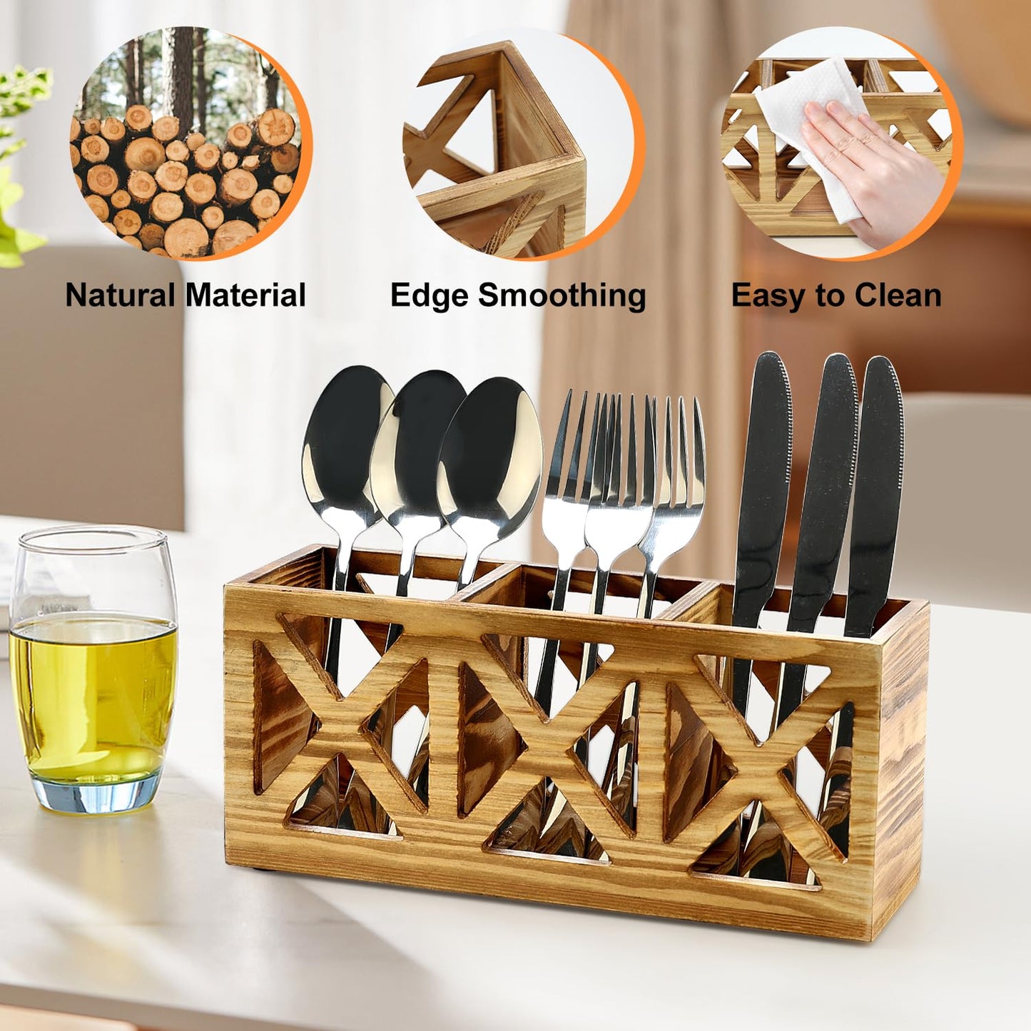 Wooden Cutlery Silverware Holder Flatware Caddy Wood Utensil Organizer for Kitchen Counter Decor Small Silverware Countertop Spoon and Fork Holder Table Utensil Caddy for Party Cutlery Basket