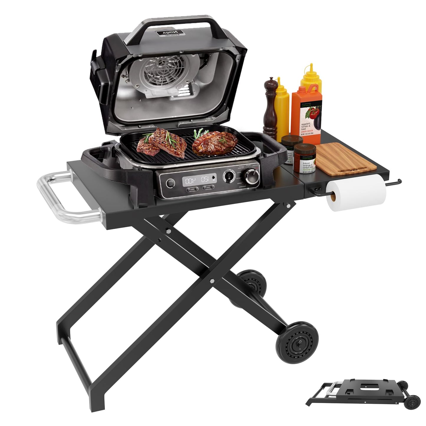 MOASKER Woodfire Outdoor Grill Stand for Ninja Woodfire OG700 Series, Collapsible Outdoor Grill Stand for Ninja OG701 OG751 Woodfire Accessories Portable Grill Cart with Wheels for Outside Camping