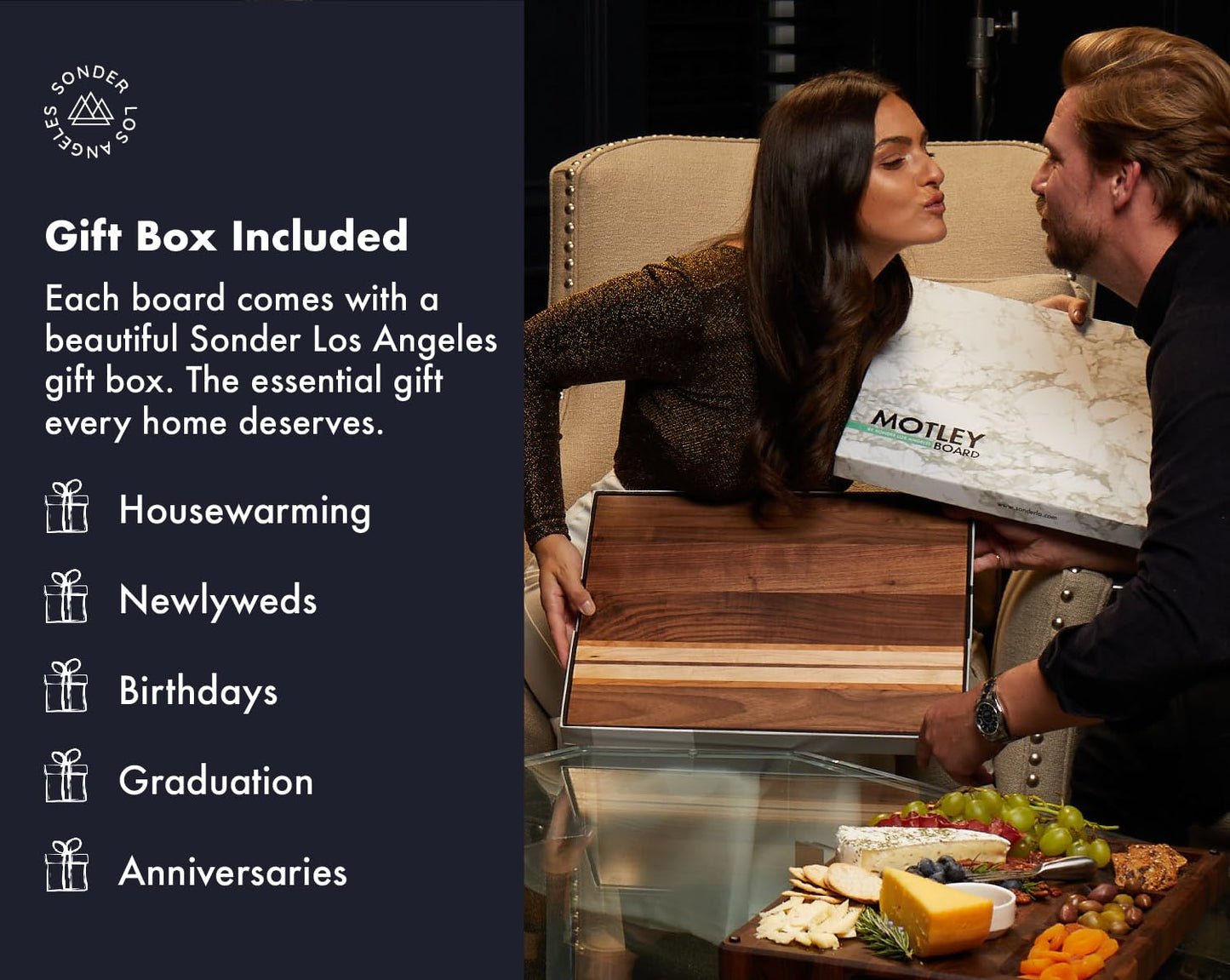 Sonder Los Angeles, Large Walnut/Cherry/Maple Wood Cutting Board for Kitchen, Charcuterie Wooden Board, Sorting Compartment, Reversible 17x13x1.1 in (Gift Box Included)