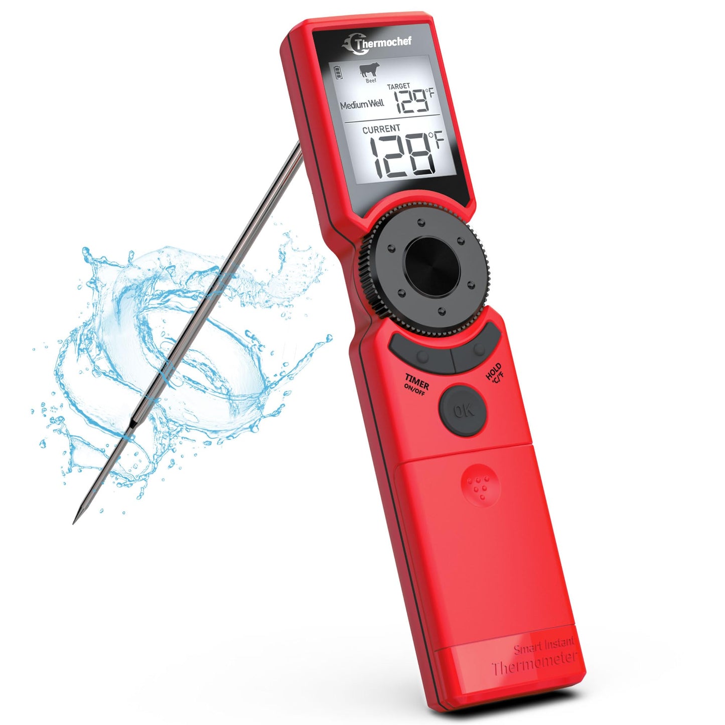 Thermochef Meat Thermometer Digital Instant Read for Grilling, High Accuracy ±1% ℉, Backlit Screen with Auto Wake/Sleep, Customized Mode Food Thermometer for Cooking, BBQ Beef Home Essentials Red