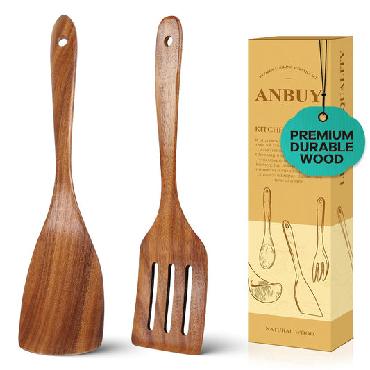 ANBUY Wooden Spatula for Cooking, Flat Wooden Turner Set, Non Scratch Slotted Frying Spatula Set for Nonstick Pans, Non Toxic Wood Spatulas for Kitchen Use, 2 Piece Utensil Set