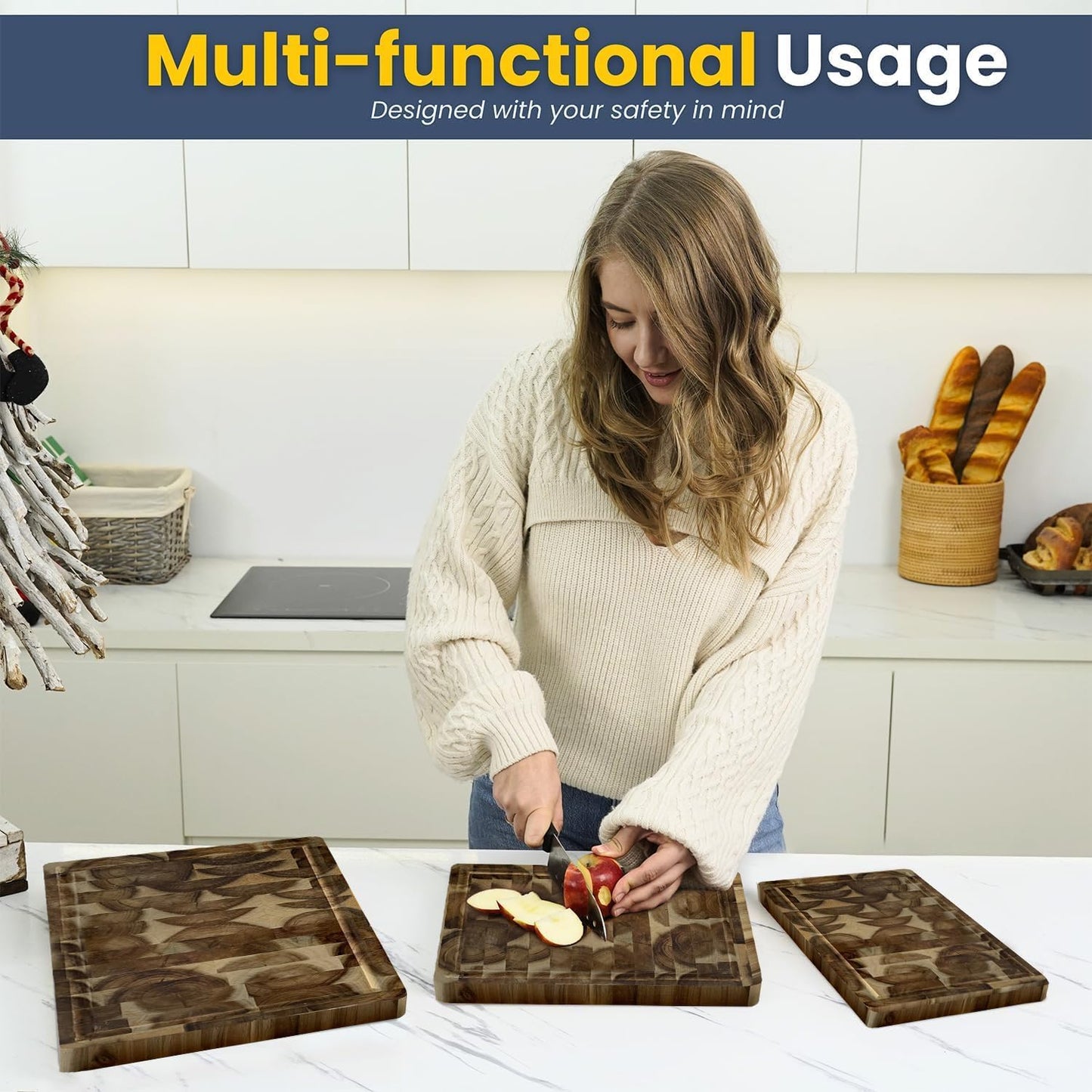 KOLWOVEN Acacia Wood Cutting Boards Set of 3 for Kitchen 1 Inch Thick - Large Wooden Cutting Boards for Chopping Meat, Cheese, Fruits, and Vegetables (17x12, 12x10, 12x7 inch)