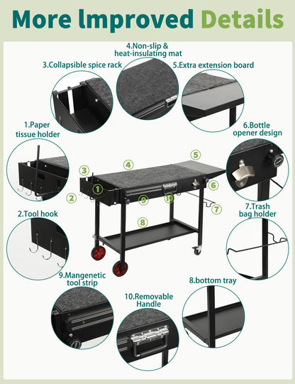 FATOK Portable Grill Cart Table with Wheels, for 17-22 Inch Blackstone Griddle Stand, Foldable BBQ Prep Station with Seasoning Tray