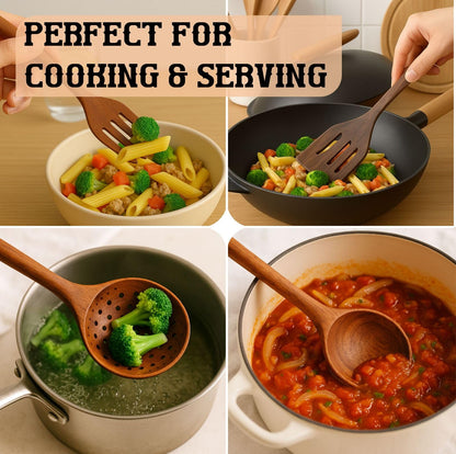 6-Pieces Wooden Spoons for Cooking with Free Holder Premium Acacia Wood Utensils Set Strong Smooth & Safe Kitchen Wooden Utensil Set Nonstick Wood Cooking Utensils Set (6-Pieces Wooden Spoons)