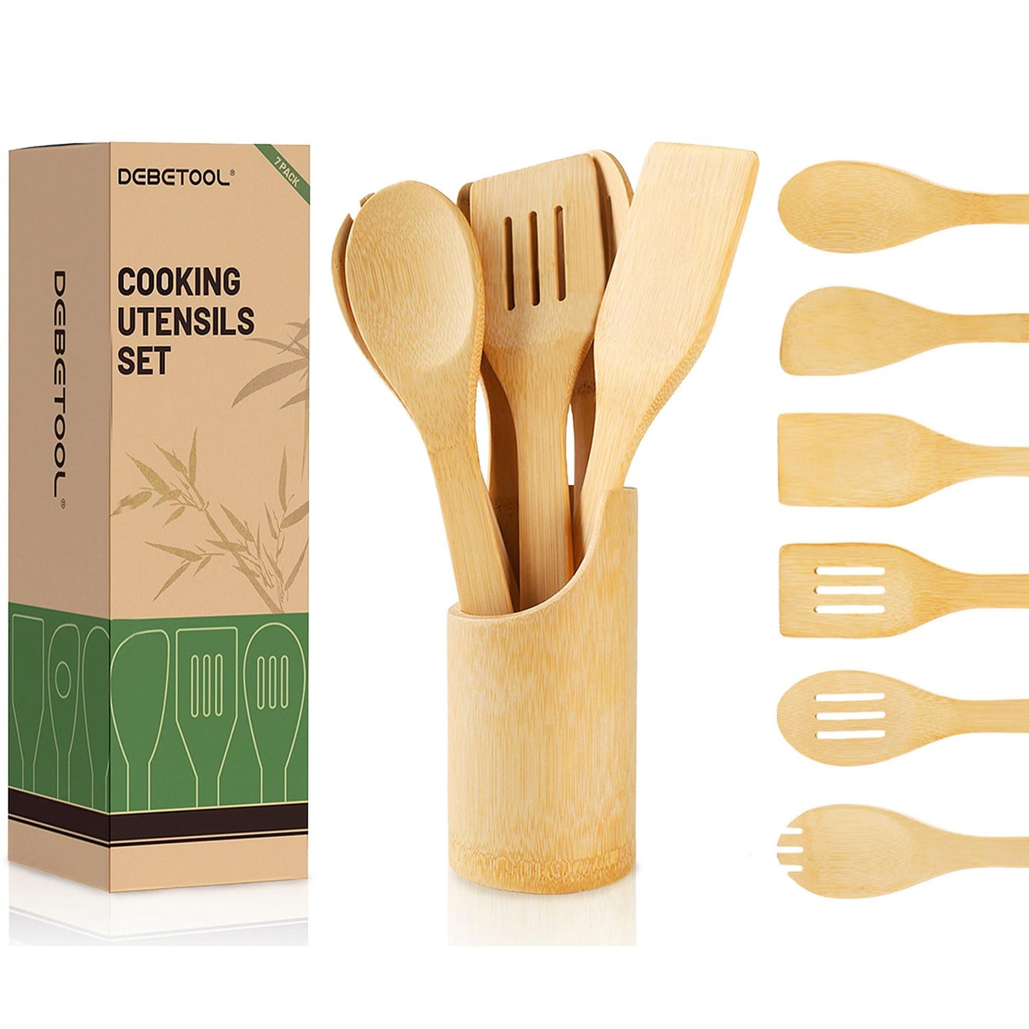 DEBETOOL Bamboo Cooking Utensil Set - Natural Bamboo Wooden Spoons for Cooking, 7piece Kitchen Non-Stick Wooden Spatula Spoons with Utensil Holder for Daily Use