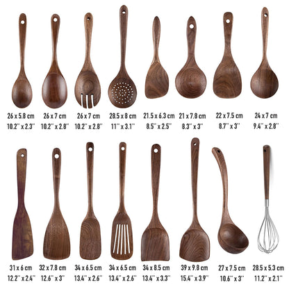UPTALY 4 pcs Wooden Kitchen Utensils Set (C6), Natural Black Walnut Spoons, Thickened Ladle, Wood Slotted Spatula Turner, Extra Long Mixing Spoon, Scraper