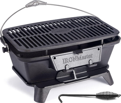 IronMaster Hibachi Grill Outdoor - Small Portable Charcoal Grill, 100% Cast Iron, Japanese Yakitori Tabletop Camping Grill - Cooking Grate Surface 17" x 10.5" for 5-8 People