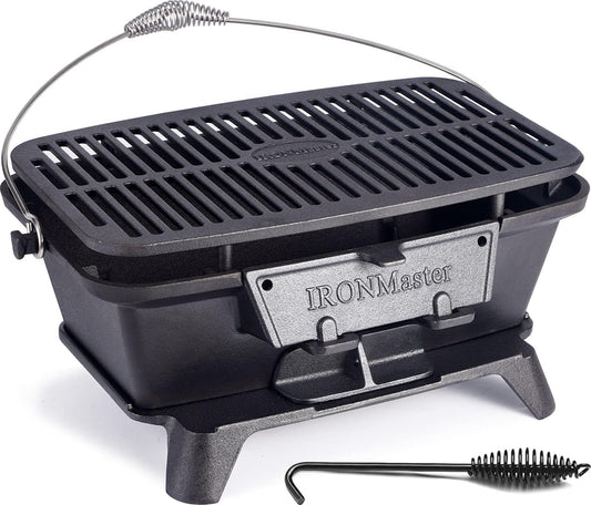 IronMaster Hibachi Grill Outdoor - Small Portable Charcoal Grill, 100% Cast Iron, Japanese Yakitori Tabletop Camping Grill - Cooking Grate Surface 17" x 10.5" for 5-8 People