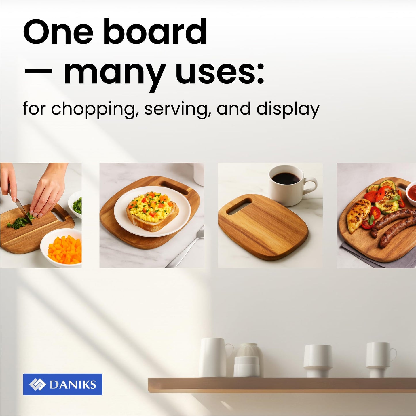 Daniks 100% Natural Acacia Wood Cutting Board 9,5х8” – Extra Thick, Heavy Duty Wooden Chopping Board for Kitchen & Serving – Perfect for Fruits, Vegetables, Meat, and Bread – BPA Free, Eco-Friendly