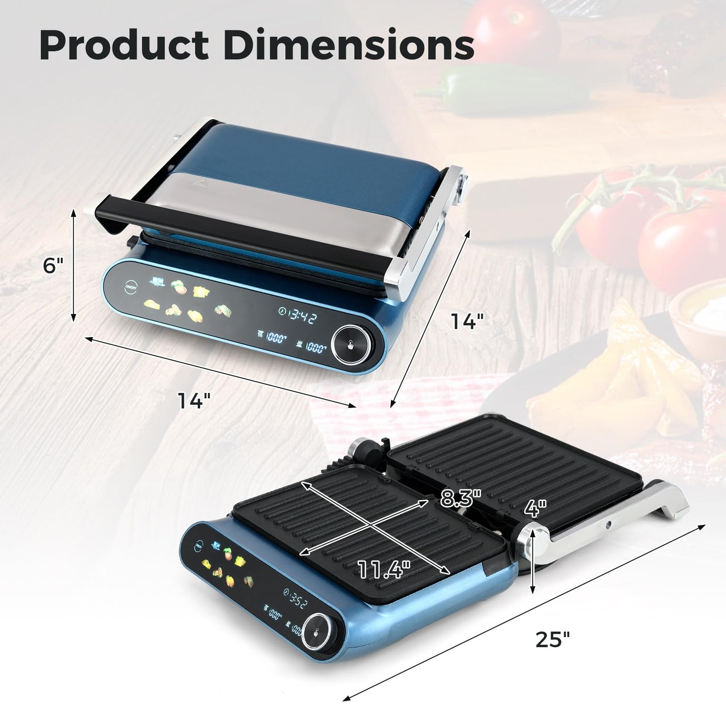 Happygrill 3 in 1 Panini Press and Electric Indoor Grill, 1200W Open Flat Teppanyaki Griddle w/ 2 Non-Stick Dishwasher-Safe Plates, 7 Grilling Modes, LED Display, Independent Temp Control & Drip Tray