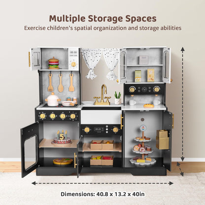 OOOK Modern Wooden Play Kitchen Set for Kids, Toddler Kitchen Playset with Real Lights & Sounds, Including 14 Pcs Accessories, Gift for Girls and Boys