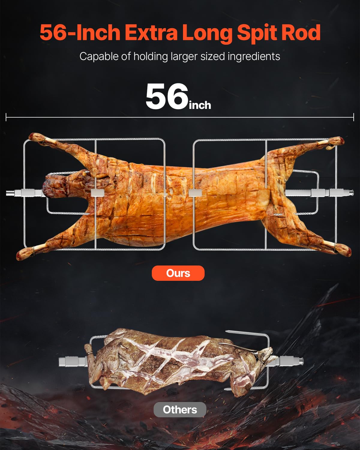 VEVOR 60W Rotisserie Grill with Hooded Cover, 56 Inch Pig Lamb Goat Rotisserie Grill Roaster, 286Lbs Capacity, Stainless Steel Charcoal Spit Roaster with Lockable Wheels, for Camping Outdoor Barbecue