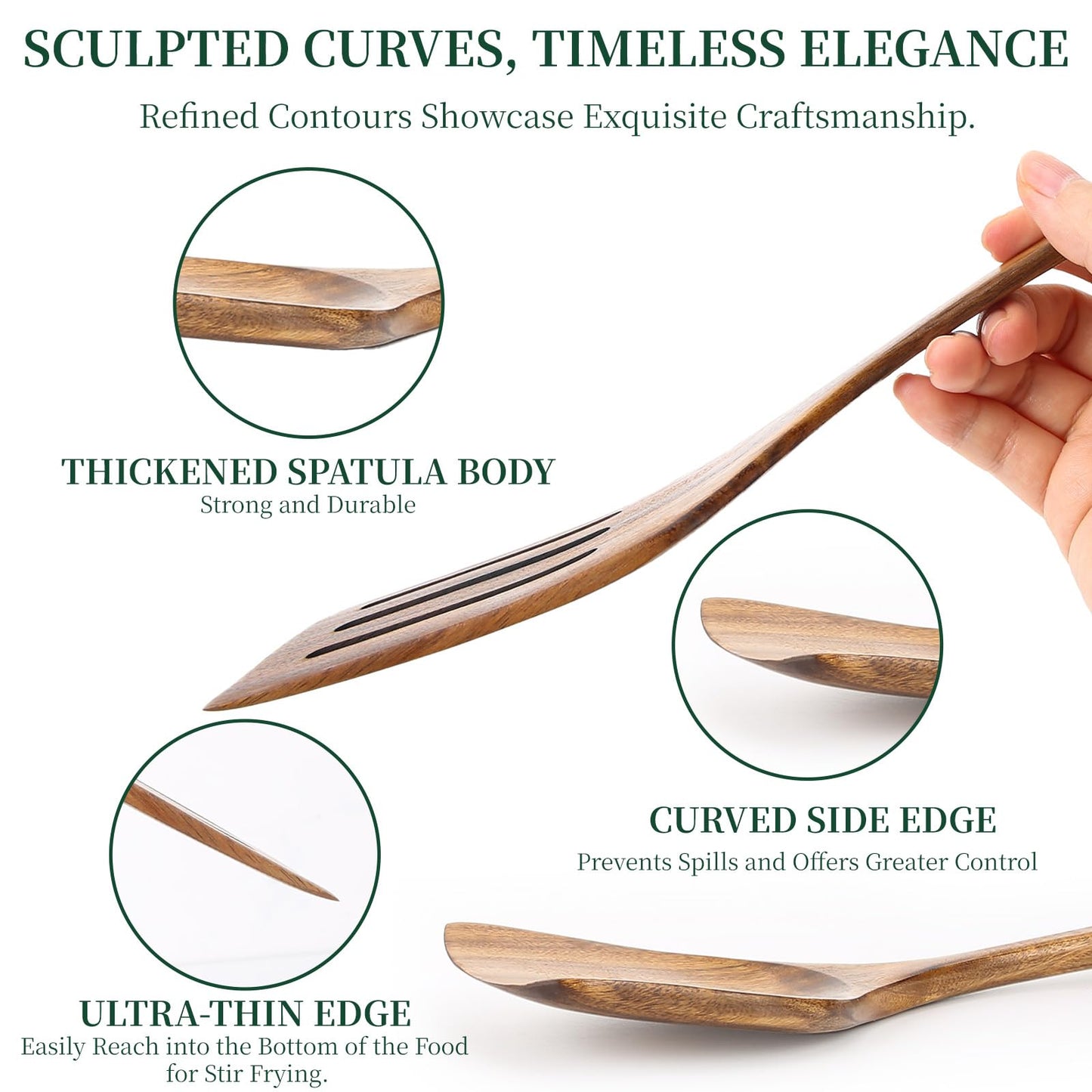 Bkiok Wooden Spatula for Cooking, Long Handle Teak Wood Spatula Set, Flat Turner and Slotted Spatula for Non-Stick Pans, Sautéing, and Flipping(2Pcs)