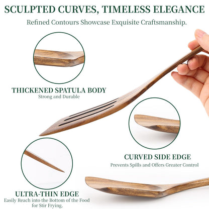 Bkiok Wooden Spatula for Cooking, Long Handle Teak Wood Spatula Set, Flat Turner and Slotted Spatula for Non-Stick Pans, Sautéing, and Flipping(2Pcs)