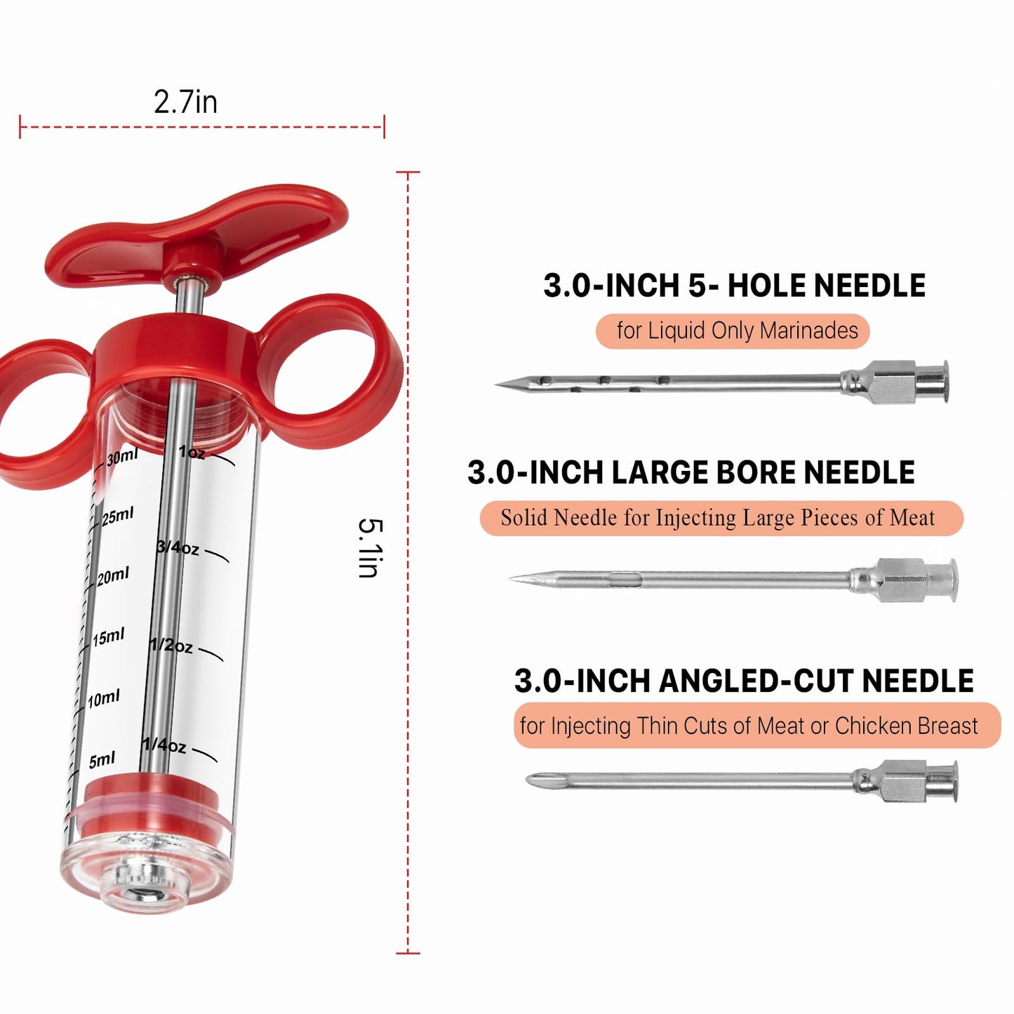 Kingsmile Meat Injector, Turkey Injector Syringe - 3 Needles for BBQ Grill, 1oz Meat Injector Syringe, Injector Marinades for Meats, Meat Injectors for Smoking 1 Cleaning Brush Easy to Use & Clean Red