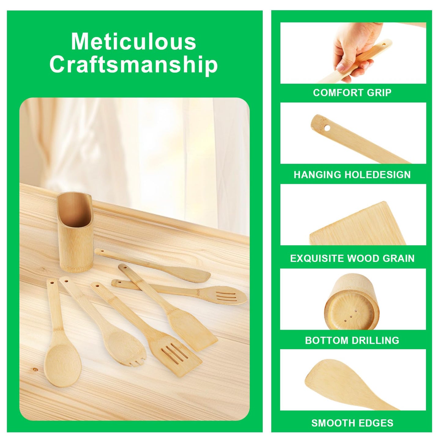 DEBETOOL Bamboo Cooking Utensil Set - Natural Bamboo Wooden Spoons for Cooking, 7piece Kitchen Non-Stick Wooden Spatula Spoons with Utensil Holder for Daily Use