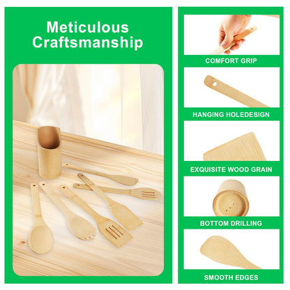 DEBETOOL Bamboo Cooking Utensil Set - Natural Bamboo Wooden Spoons for Cooking, 7piece Kitchen Non-Stick Wooden Spatula Spoons with Utensil Holder for Daily Use