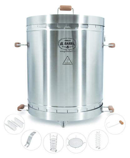 EL BARRIL 60lbs Grill & Smoker Barrel, Stainless Steel Charcoal Smoker Grill – Portable Outdoor Smokers with Even Heat Distribution & Grilling Accessories