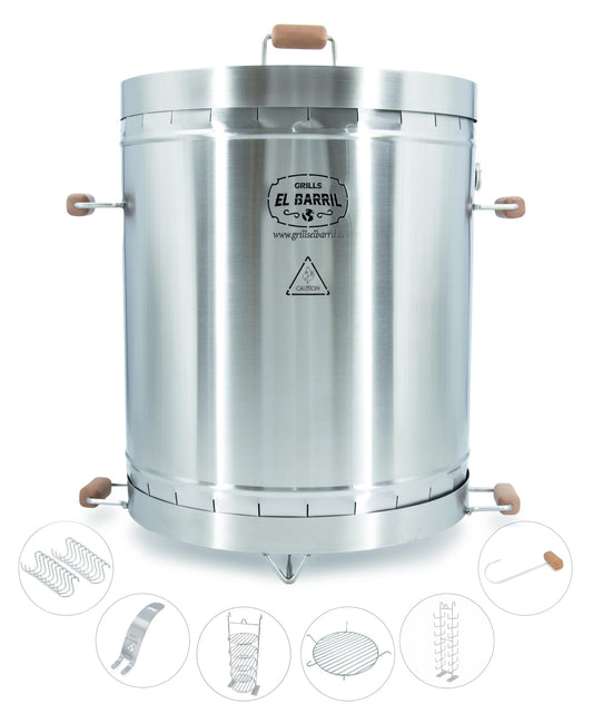 EL BARRIL 60lbs Grill & Smoker Barrel, Stainless Steel Charcoal Smoker Grill – Portable Outdoor Smokers with Even Heat Distribution & Grilling Accessories