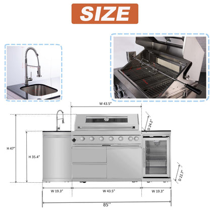 Outdoor Kitchen Island 85" 6-Burner 85000 BTU Deluxe Modular BBQ Island - Grill Islands w/Wine Cooler, Built in Combo Outside Island + Rotisserie & Granite Top Outdoor Grill