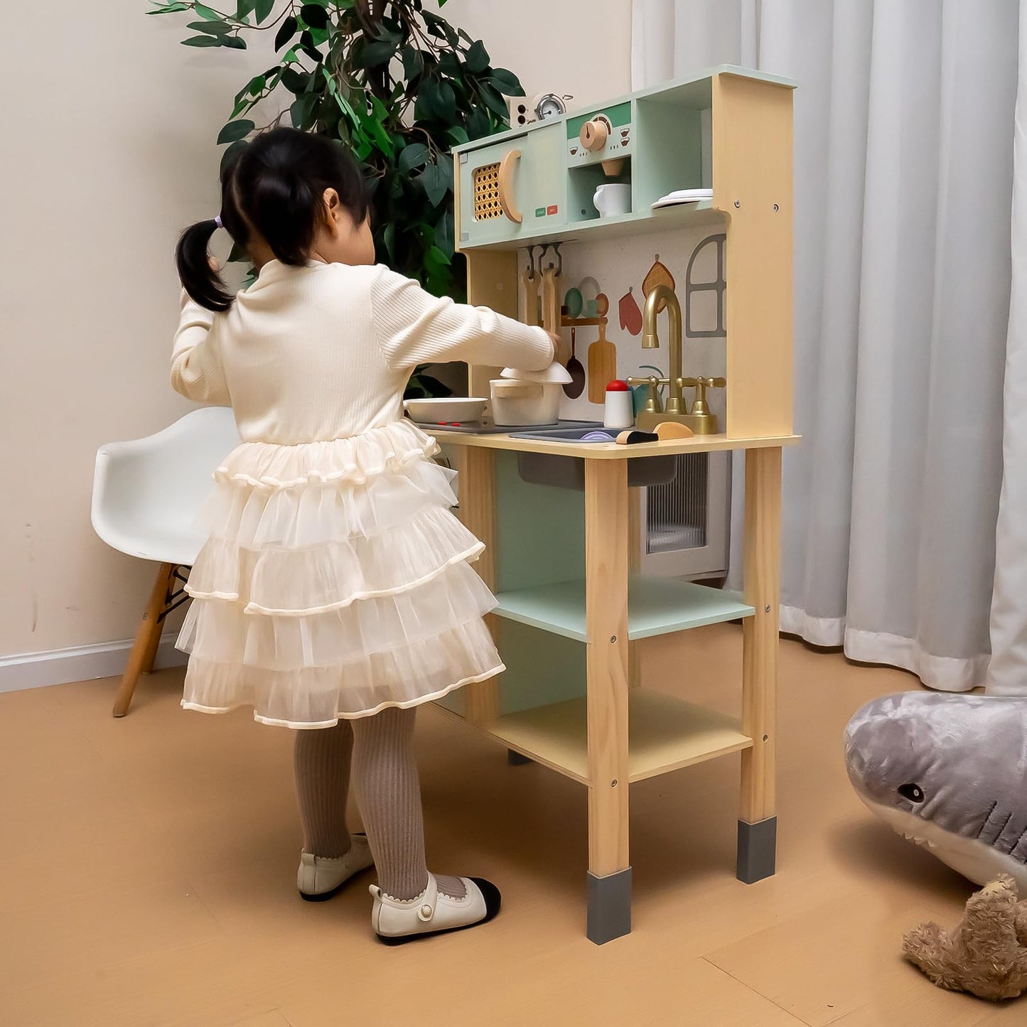 Garsing Play Kitchen for Kids Toddlers with Sounds, Wooden Kids Kitchen Playset with Realistic Features, Modern Toy Kitchen Sets with Storage and Accessories for Boys Girls, Age 3+, Green