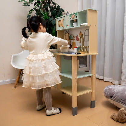 Garsing Play Kitchen for Kids Toddlers with Sounds, Wooden Kids Kitchen Playset with Realistic Features, Modern Toy Kitchen Sets with Storage and Accessories for Boys Girls, Age 3+, Green